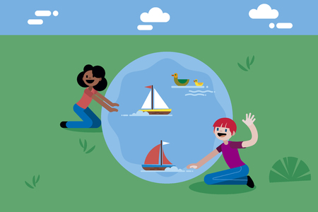 Boy and girl playing with model boats In a lake. Flat and minimal style Vector illustration.のイラスト素材