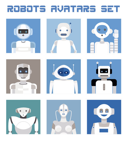 Varied set of robots faces and heads for used as characters avatars. Imaginative and friendly colourful collection of happy andorids to give a fresh and futuristic image to your social networks.のイラスト素材