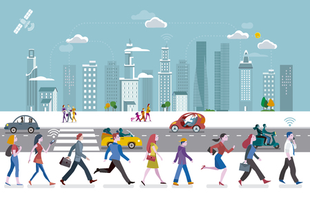 People walking on the street, ant the background a skyline with skyscrapers. They are using their smart phones. In the streets some autonomous cars.
のイラスト素材