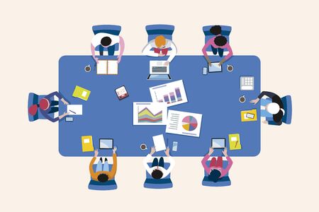 Business Meeting Arround the Conference Table in a Top View. Vector illustration.のイラスト素材