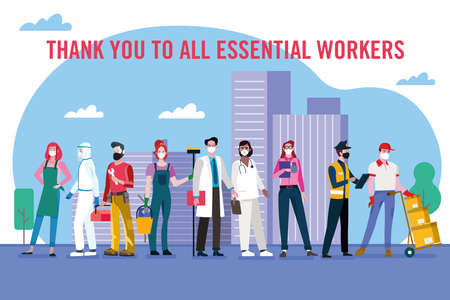 Essentials Workers wit different occupations wearing mask in Coronavirus Pandemicのイラスト素材