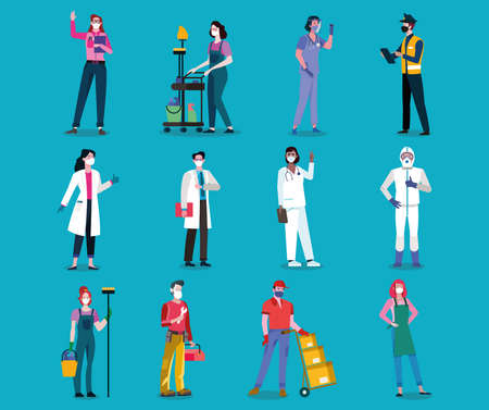 Essentials Workers health and other sensitive services wearing masks in Coronavirus Pandemic.のイラスト素材