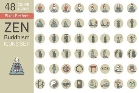 Set of zen buddhism icons. Activities of Zen Buddhist monks and nuns in the monastery. Main buddhistic symbols.のイラスト素材