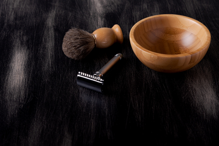 Classic shaving objects on dark wooden backgroundの写真素材
