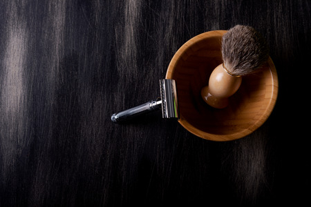 Classic shaving objects on dark wooden backgroundの写真素材