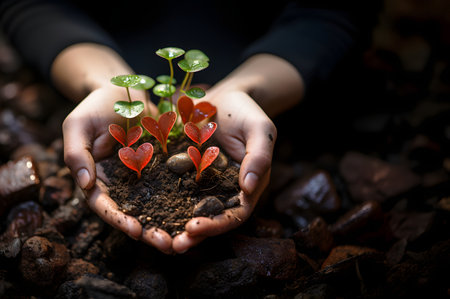 A plant with heart-shaped leaves sprouting from hands in the foreground, with copy spaceの素材