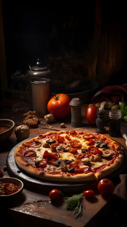 A vertical still life with a fresh pizza and some ingredients around it, with dark wooden background and copyspace aboveの素材