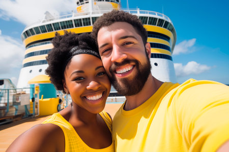 A couple in yellow t-shirts taking a selfie with a cruise ship behindの素材