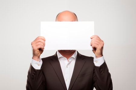 A man covering his face with a white signの素材