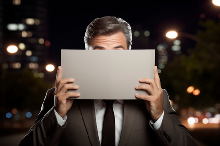 A man covering his face with a white signの素材