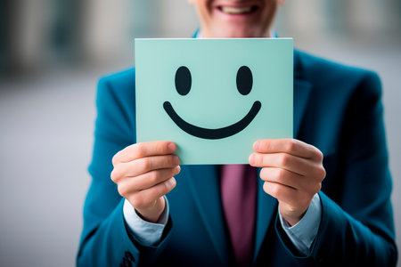 A man holds a sign with a smiley face drawn on itの素材