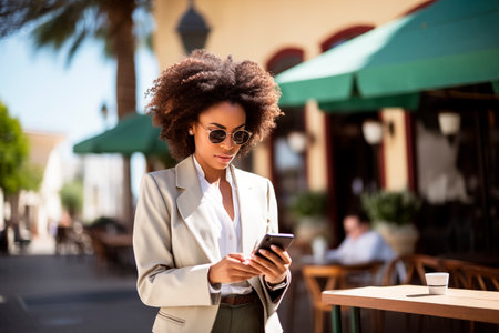 African American girl looking at her smartphone on the streetの素材