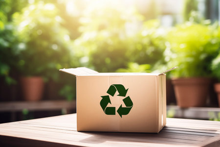 A cardboard box with the recycling symbolの素材