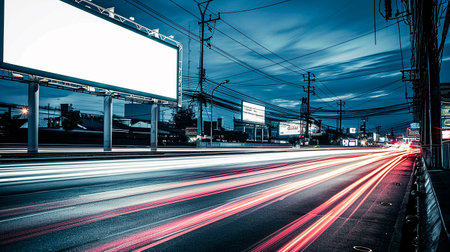 Blank advertising billboard on the road at nightの素材