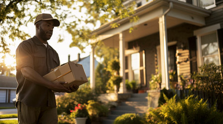 A courier delivering a package to a big houseの素材