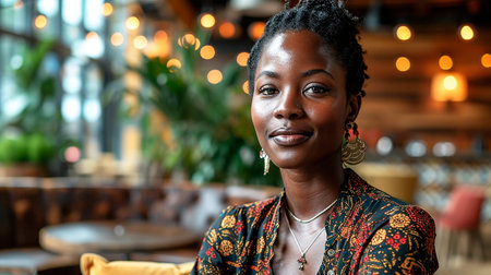 A portrait of a black girl smiling in a coffee shopの素材