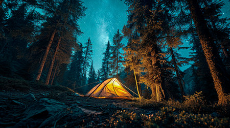 An illuminated tent under a starry skyの素材