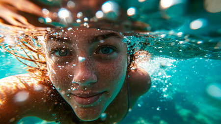 A girl smiling underwaterの素材