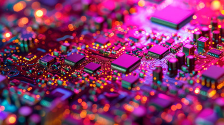An electronic circuit seen up close in magenta tonesの素材