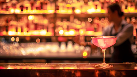 A cocktail on a bar counter with bottles in the backgroundの素材
