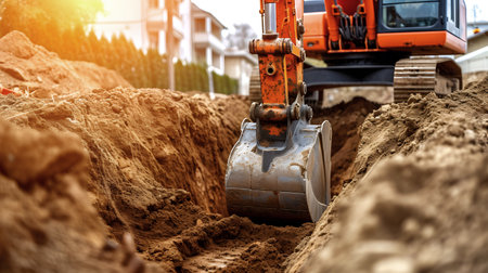 An excavator making a trench to build a houseの素材