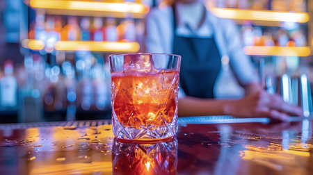 A glass of whiskey with ice served on the counter of a bar, with the bartender behindの素材