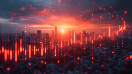 Skyline of a big city with stock chart overlayの素材