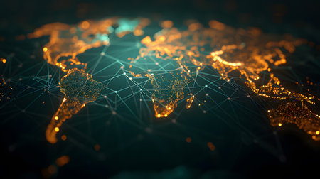A map of the world with a digital communications and commerce networkの素材