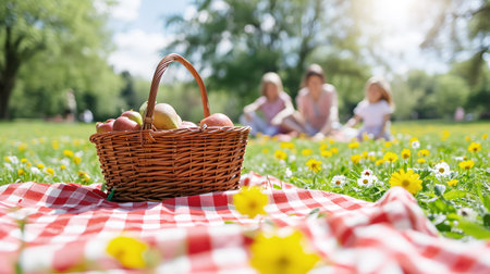 A family having a picnic in the park on a spring day, with a basket of fresh fruitの素材