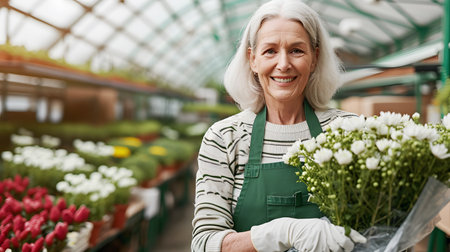 Senior woman with a bouquet of flowers working in a plant nurseryの素材