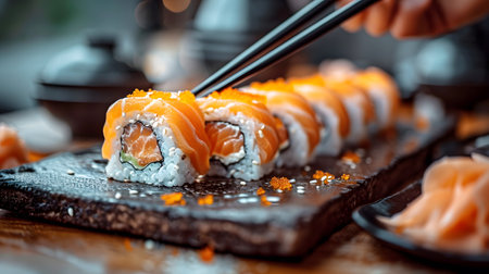 A tray of salmon sushi piecesの素材