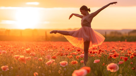 A ballet dancer in a poppy fieldの素材