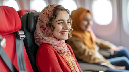 An Arab girl and her European friend, traveling by plane, smilingの素材