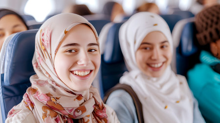 Two smiling Muslim friends traveling by planeの素材
