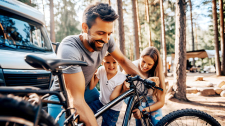 A couple with their son preparing the bicycle at a campsite next to their camper vanの素材