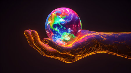 A hand holding a world ball in neon colorsの素材
