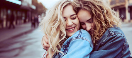 Two young girls smiling, one hugging the other from the backの素材