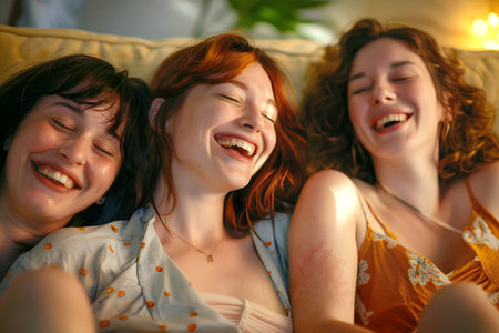 Three friends laughing sitting on the couchの素材