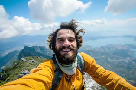 Smiling man taking a selfie on top of a mountainの素材