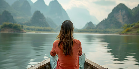 Girl with long hair and a red shirt, in a canoe on a lake between mountainsの素材