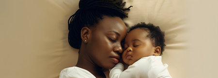 A black mother with her little son lying on a bedの素材