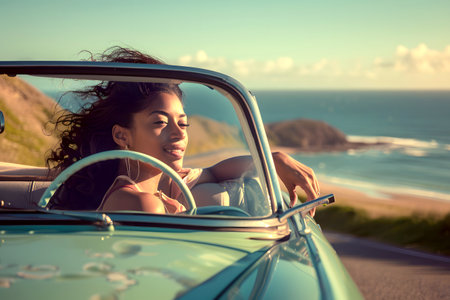 Girl sitting in her convertible at the seashore, smilingの素材