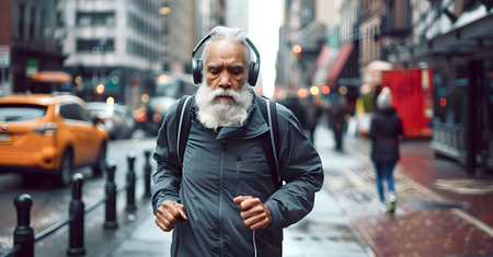 Black man with beard, tracksuit and headphones, running on the streetの素材