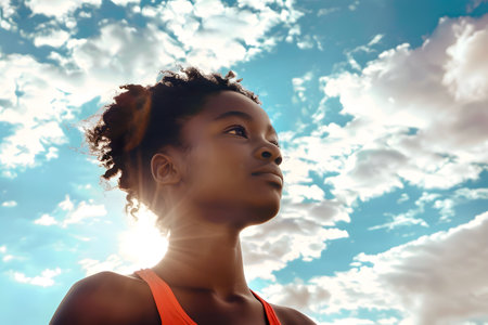 Black girl in sports tank top, serious looking straight ahead, with sky in the backgroundの素材