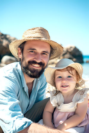 Man with beard and straw hat, smiling on the beach with his daughter.の素材