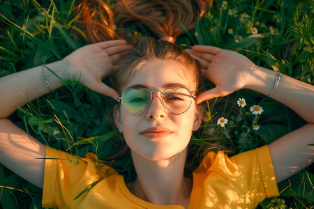 Girl lying on the grass with heart shaped glassesの素材