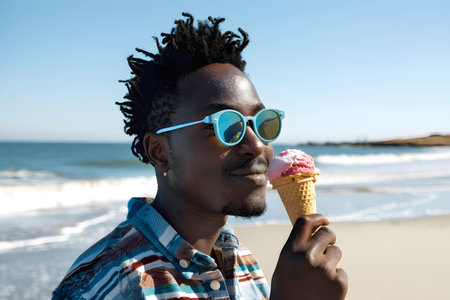 Black boy with blue sunglasses and checkered shirt eating ice cream on the beachの素材