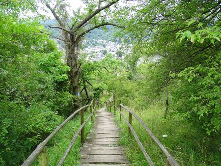 Filsen is located on a 180  bend in the Rhine, which you really can only really enjoy on the spot. If you walk down the Rheinsteig, you go down a long descent on stairs to the valley. A very nice section of the long distance hiking trail.の写真素材