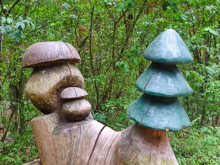 Wooden mushroom and tree carved out of a tree stump.の写真素材