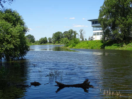 Start and finish of the Dessau motorboat race on the Elbe as seen from the Leopoldhafen.の写真素材